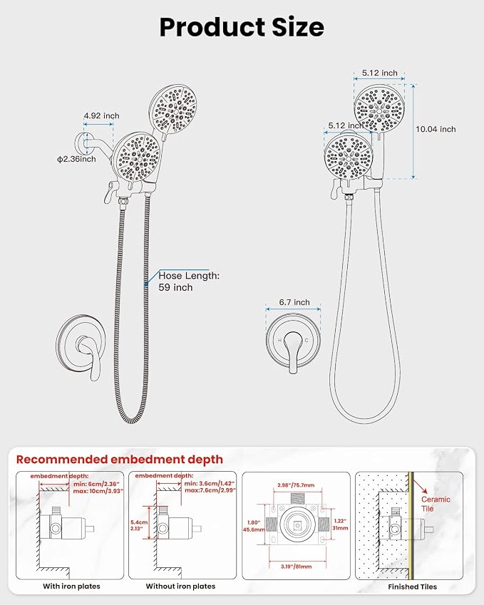 gotonovo Dual Shower Head with Valve 6 Mode Handheld Spray Matte Black | 6 Mode ABS Rain Head with Handheld Spray,2 in 1 Bathroom Trim Kit,Shower Head and Handle Set,Brass Rough-in Valve,Wall Mount