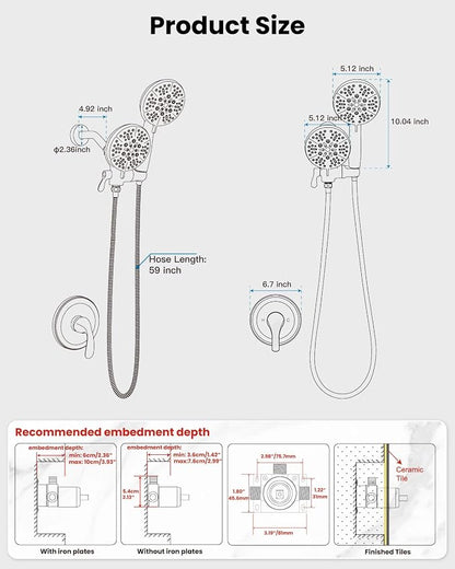 gotonovo Dual Shower Head with Valve 6 Mode Handheld Spray Matte Black | 6 Mode ABS Rain Head with Handheld Spray,2 in 1 Bathroom Trim Kit,Shower Head and Handle Set,Brass Rough-in Valve,Wall Mount