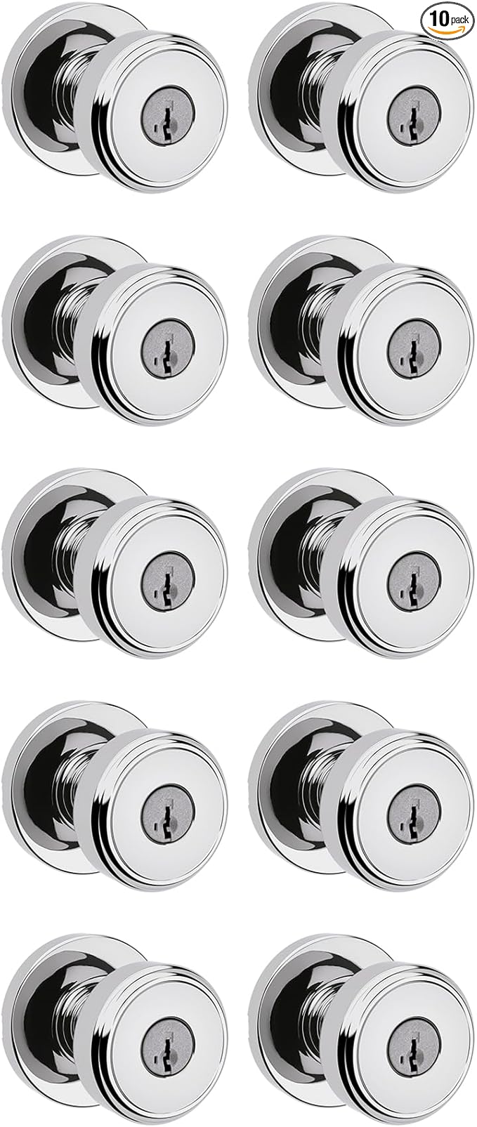 Kwikset Maven Entry Door Knob with Lock and Key, Secure Keyed Handle Exterior, Front Entrance and Bedroom, Polished Chrome, 10 Pack, Pick Resistant SmartKey Rekey Security