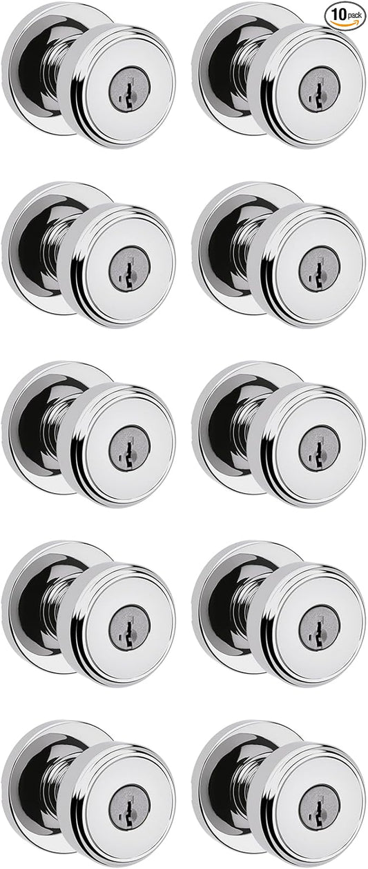 Kwikset Maven Entry Door Knob with Lock and Key, Secure Keyed Handle Exterior, Front Entrance and Bedroom, Polished Chrome, 10 Pack, Pick Resistant SmartKey Rekey Security