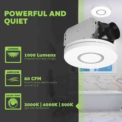 Homewerks 7141-80-CTA Bathroom Fan with LED Lights Color Changing 80 CFM 1.0 Sones Ventilation Fan with 3-Way CCT Dimmable LED Light