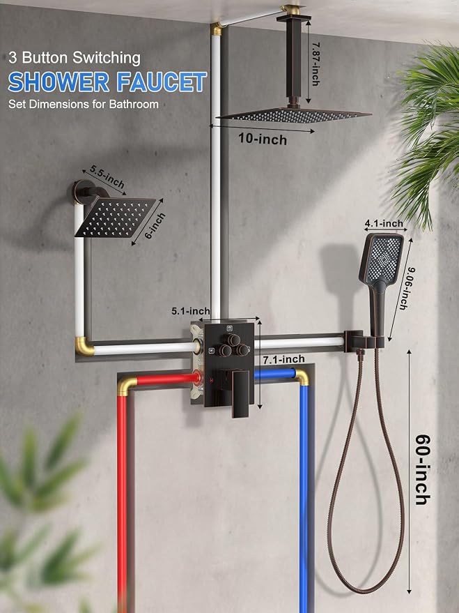 Woindo Shower Faucet Set, 10" Ceiling Mount Rainfall Shower System with 2 Rain Shower Head and Multi-function Handheld Head Push Button Diverter Shower Faucet Trim Kit