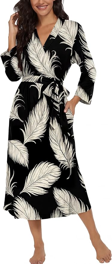VINTATRE Women Kimono Robes Long Knit Bathrobe Lightweight Soft Knit Sleepwear V-neck Casual Ladies Loungewear