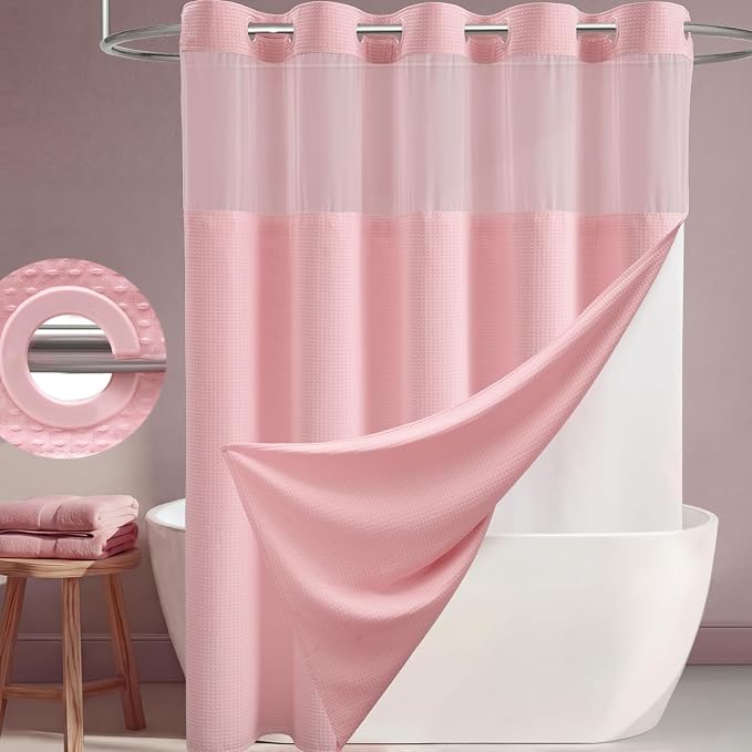 Pink Hook Free Waffle Shower Curtain & Snap-in Fabric Liner,72x75 | Less Time to install, 3 in 1 Fabric Shower Curtain and Liner Set with Magnets, Mesh Top Window, Shower Curtains for Bathroom