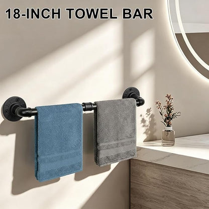 5-Pieces Industrial Pipe Bathroom Accessories Hardware Kit DIY Wall Mounted Includes Towel Bar Robe Hooks Toilet Paper Holder and Towel Ring (Black, 18 Inch)