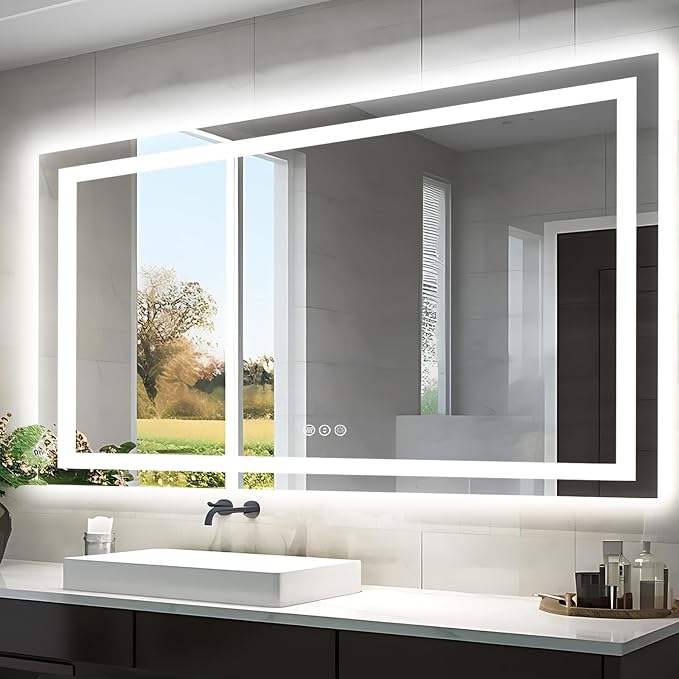 EchosLife 55"x30" LED Bathroom Mirrors for Wall | Backlit + Front Lit, Anti-Fog, Stepless Dimmable, 3 Colors, Memory, Tempered Glass, UL Listed, Horizontal/Vertical