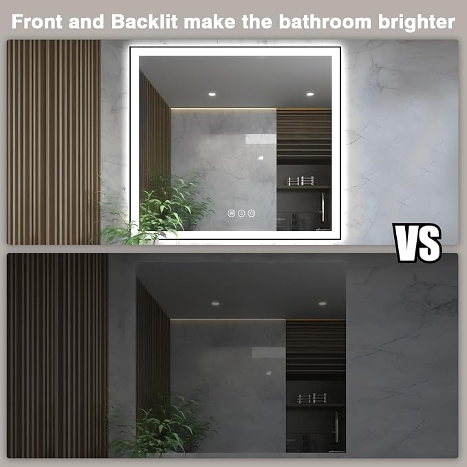 EchosLife 36x36 Square LED Bathroom Mirror - Black Aluminum Framed | Black Frame, Front and Backlit, Anti-Fog, Stepless Dimmable, 3 Colors, Memory, Tempered Glass, UL Listed, Horizontal/Vertical