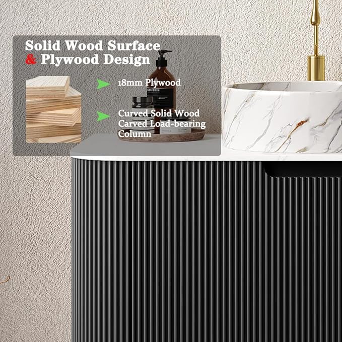 30'' Bathroom Vanities Cabinet with Sink Combo, Wall Mounted Floating Cabinet W/Curved Edges Stripes, Oak Plywood, Soft-Close System with a Drawer, White Round Ceramic Basin - Kiel, Black/S