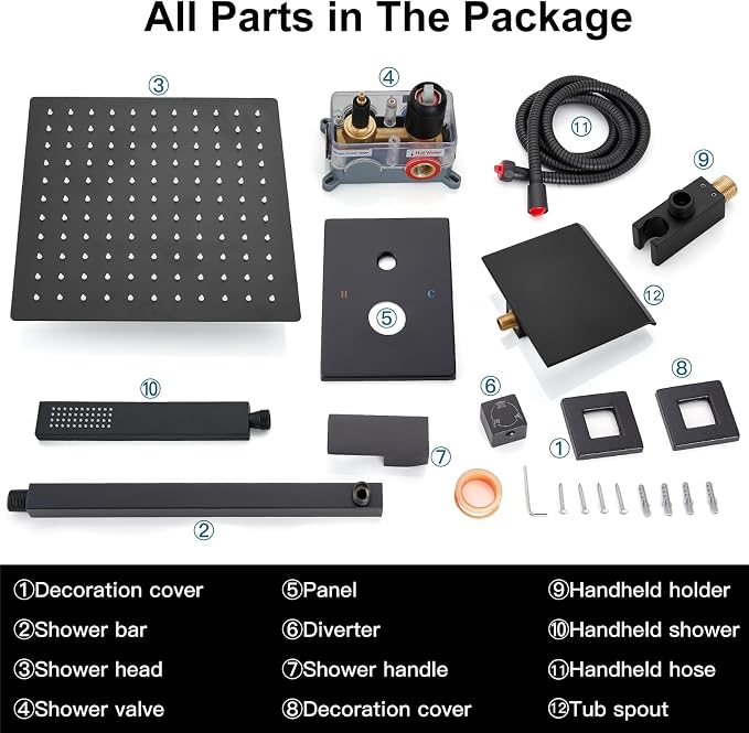 Midanya Shower System with Tub Spout,10 Inch Shower Head,Matte Black | with Valve & Trim Kit,Square Rain Head,Handheld Sprayer,Waterfall Spout,All Metal Wall Mount Bathroom Shower Tub Faucet Set