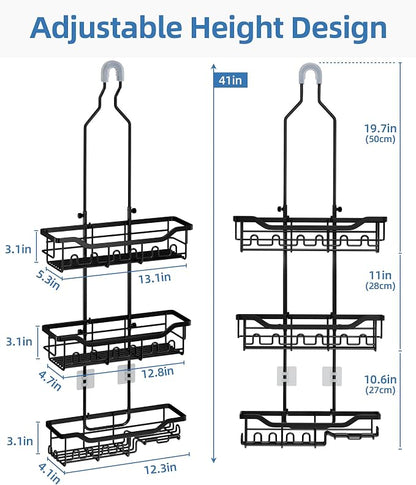 Adjustable Shower Caddy Hanging, Extended Length Organizer Over Shower Head, 3 Tier Long Neck Shower Rack with Soap Holder for Large Storage, Black