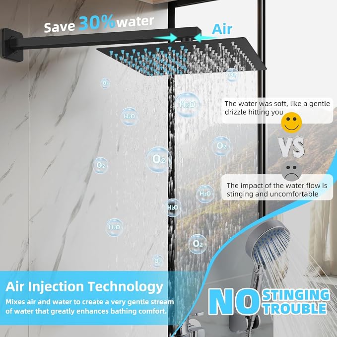 Bathroom Shower Faucet Set，12 Inch Rain Shower Head with Handheld Spray，Brass Shower Valve Trim Kit，Wall Mounted Square Rain Shower System (Matte black)