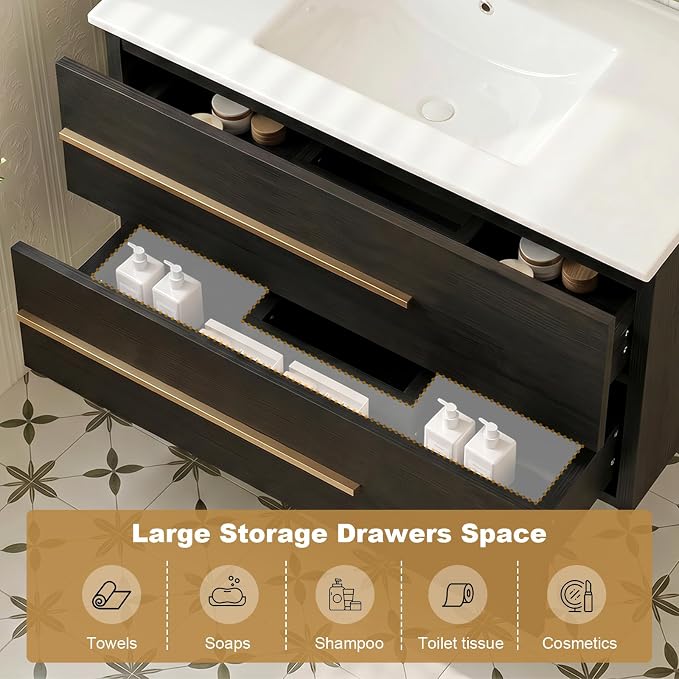 84 Inch Floating Double Sink Bathroom Vanity with Sink Combo, Modern Wall-Mounted Vanities Cabinet with Large Soft-Closing Drawers, Double Vanity Sinks for Bathrooms, Black&Natural