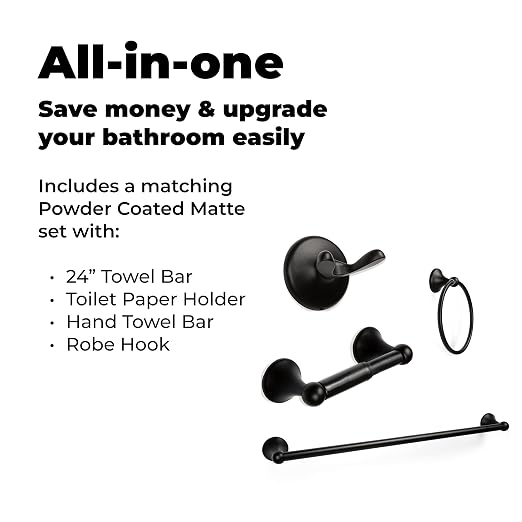 Bathroom Hardware Accessory Set Includes 24’’ Towel Bar, Toilet Paper Holder, Hand Towel bar and Robe Hook - Bathroom Towel Rack Set (5 - Piece Accessories Set, Matte Black)