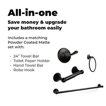 Bathroom Hardware Accessory Set Includes 24’’ Towel Bar, Toilet Paper Holder, Hand Towel bar and Robe Hook - Bathroom Towel Rack Set (5 - Piece Accessories Set, Matte Black)