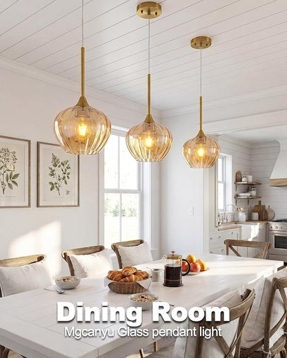 2-Pack Amber Glass Pendant Lights for Kitchen Island, 7.7" Modern Pendant Lighting Vintage Gold Light Fixtures Adjustable Hanging Light for Kitchen, Dining Room, Bar, Bathroom