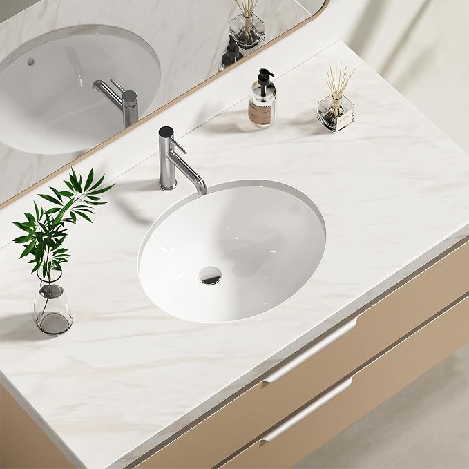 Enbol 17x14 inch Oval Undermount Ceramic Bathroom Sink - White Porcelain Vessel Lavatory Basin with Overflow, Countertop Vanity Sink ECU1714-1