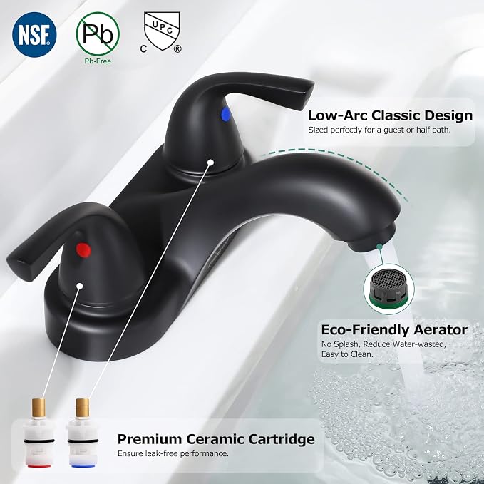 Matte Black Bathroom Faucet 4 Inch Centerset for Lavatory Sink | Mid Arc, 2 Handle Lead-Free RV Bathroom Faucet with Metal Pop Up Drain Supply Lines, for 2 or 3 Hole Lavatory Utility Sink
