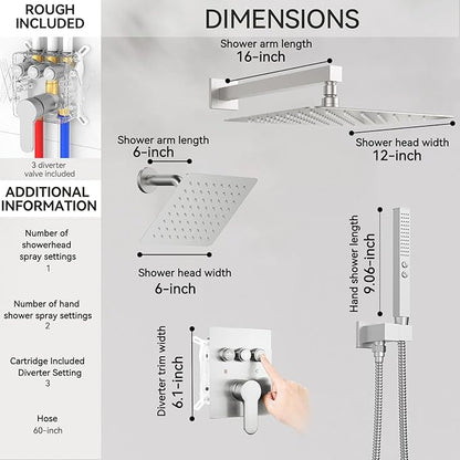 Shower System Dual Head，STARBATH 12+6" Rainfall Shower Head and Handheld Spray, Wall Mounted 3 Way Shower Faucet Set with Push Button Pressure Balance Valve and Trim Kit Brushed Nickel