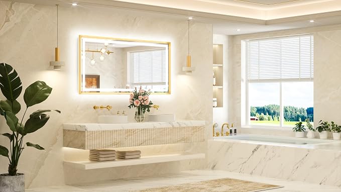 60 x 30 Large Bathroom Mirror Brushed Gold Metal Frame Frontlit & Backlit Vanity Mirror 3 Colors White/Warm/Natural Stepless Dimmable Anti-Fog Bathroom Mirrors for Vanity Wall-Mounted