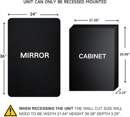 TEHOME Farmhouse Matt Black Recessed Bathroom Medicine Cabinet with Mirror Rounded Rectangle Metal Framed Medicine Cabinet with Beveled Mirror 24x36''