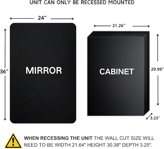 TEHOME Farmhouse Matt Black Recessed Bathroom Medicine Cabinet with Mirror Rounded Rectangle Metal Framed Medicine Cabinet with Beveled Mirror 24x36''