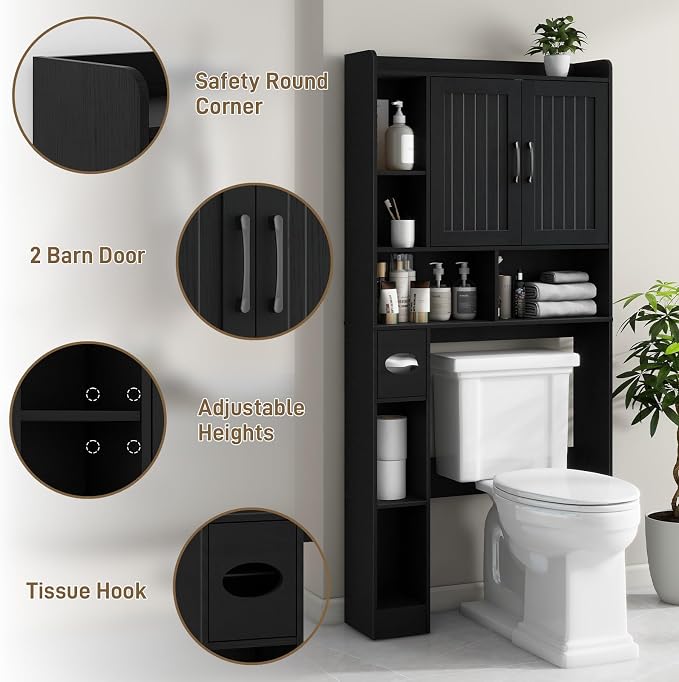 Vabches Farmhouse Over The Toilet Storage Cabinet with Barn Door, Black | Storage Cabinet Over Toilet, Home Space-Saving Toilet Rack, for Bathroom, Restroom, Laundry