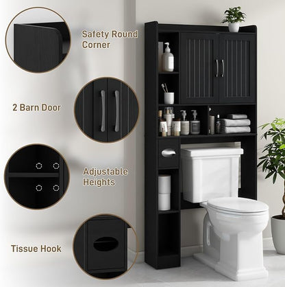 Vabches Farmhouse Over The Toilet Storage Cabinet with Barn Door, Black | Storage Cabinet Over Toilet, Home Space-Saving Toilet Rack, for Bathroom, Restroom, Laundry