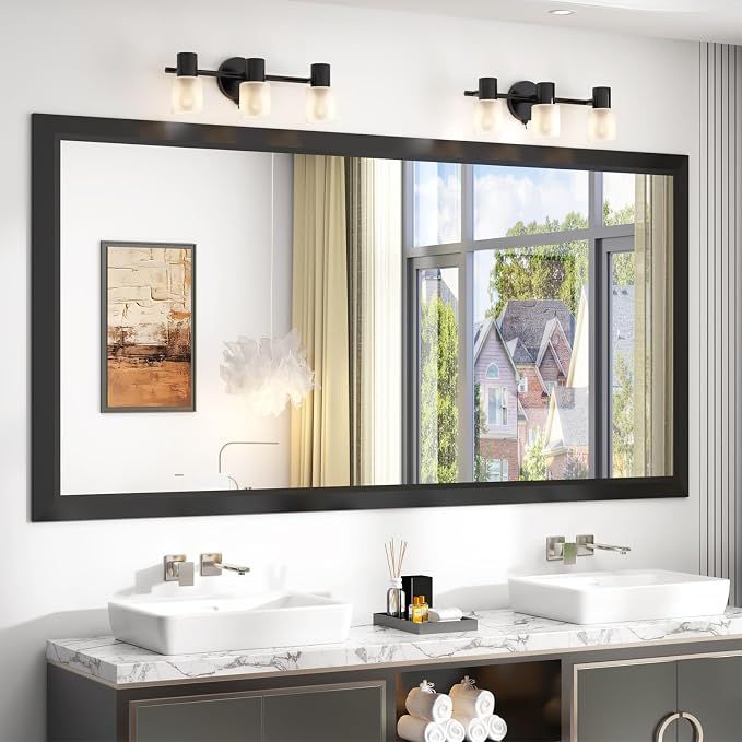 SMIROR 72x36 Matte Black Bathroom Vanity Mirror for Over Sink | Metal Wide Frame, Rectangle, Right- Angle Corner, Anti-Rust, Horizontally or Vertically Wall- Mounted for Home Remodel
