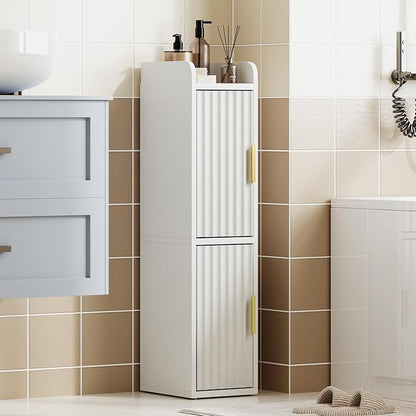 Yoobure Small Bathroom Storage Cabinet - Corner Floor Cabinet with 2 Doors & Adjustable Shelves, Narrow Slim Toilet Paper Cabinets, Skinny Bathroom Organizer for Small Space, 7.9" D x 7.9" W, White