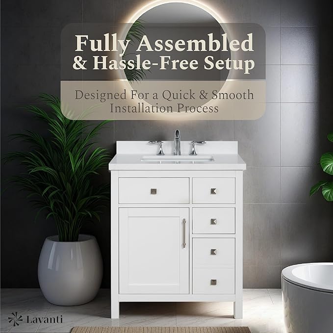 Lavanti Oakford 30 Inch Bathroom Vanity with Sink – Stylish White Vanity Bathroom with Storage Cabinet – Modern Bathroom Vanities with Single Vanity Sink & Quartz Countertop