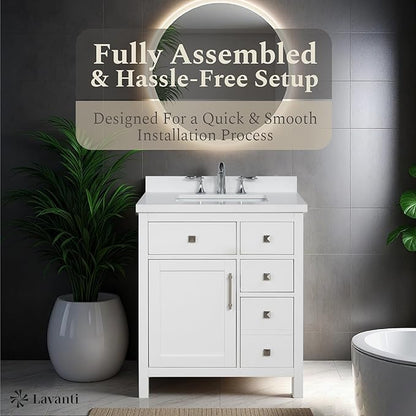 Lavanti Oakford 30 Inch Bathroom Vanity with Sink – Stylish White Vanity Bathroom with Storage Cabinet – Modern Bathroom Vanities with Single Vanity Sink & Quartz Countertop