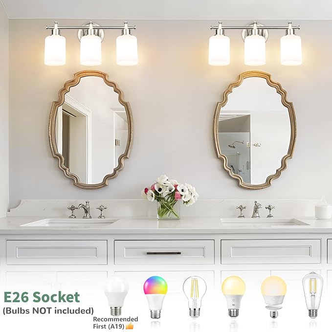 3-Light Brushed Nickel Bathroom Vanity Light Fixture, Compact Vanity Light