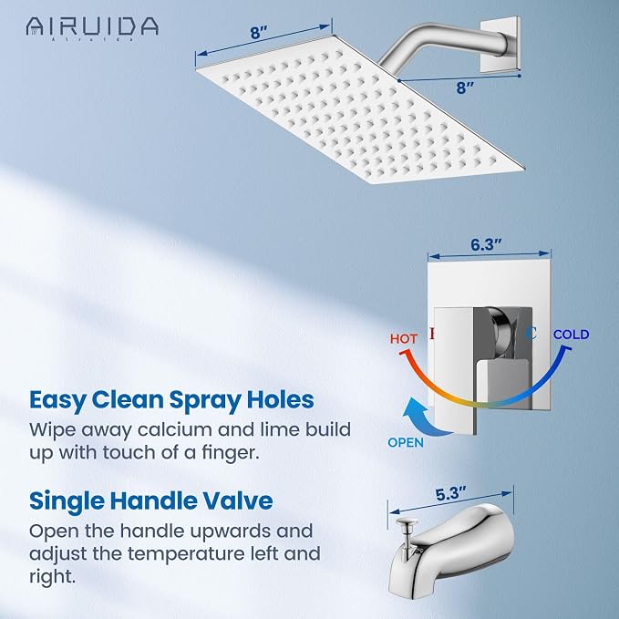 Airuida 8 Inch Shower Faucet Set,Bathtub Faucet Kit,Chrome Polish | Shower Tub Faucet Set,Male Threads Rough-In Valve,Square Head Shower System