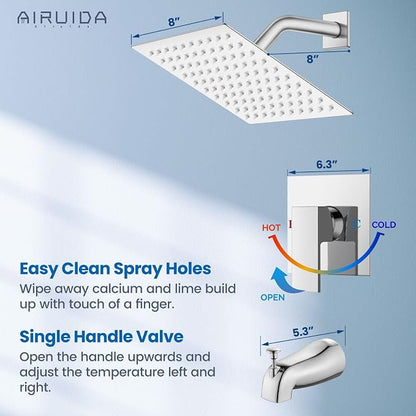 Airuida 8 Inch Shower Faucet Set,Bathtub Faucet Kit,Chrome Polish | Shower Tub Faucet Set,Male Threads Rough-In Valve,Square Head Shower System