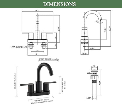 Matte Black Two Handle Centerset Bathroom Sink Faucet with Pop up Drain, High Arc Modern 4 Inch Bathroom Vanity Lavatory Faucet 3 Holes with Brass 360° Swivel Spout, TAF067E-MB
