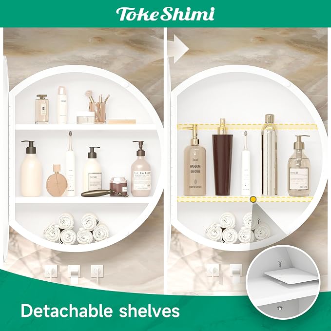 TokeShimi 20 Inch Round White Framed Medicine Cabinet for Bathroom with Vanity Mirror Small Metal Bathroom Mirrored Cabinet for Wall Mounted Only Circle Farmhouse Medicine Cabinet Detachable Shelves