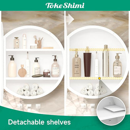 TokeShimi 20 Inch Round White Framed Medicine Cabinet for Bathroom with Vanity Mirror Small Metal Bathroom Mirrored Cabinet for Wall Mounted Only Circle Farmhouse Medicine Cabinet Detachable Shelves