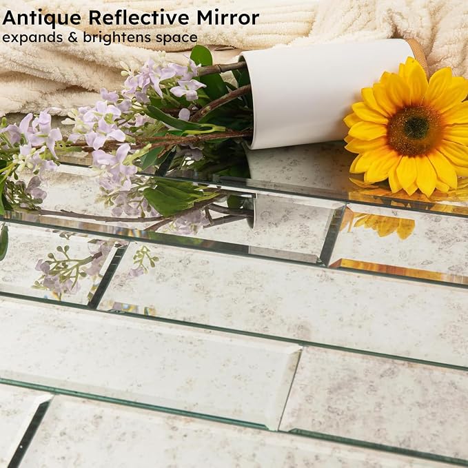 Peel and Stick Mirror Backsplash, Light Antique, 4x12 Inch, Beveled Mirror Subway Kitchen Bar Wall Tile (5 Sq.ft, 15 Pcs)