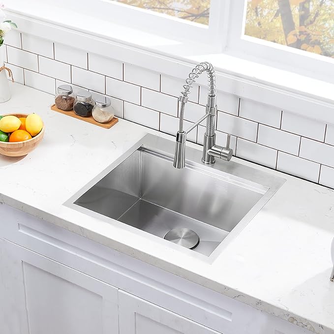 HOTIS 21 X 20 Inch Drop In Kitchen Sink, Handmade Stainless Steel Kitchen Sink, Large Residential Sinks with 1 Holes, Single Bowl Workstation with Dish Grid & Drain and Cutting Board
