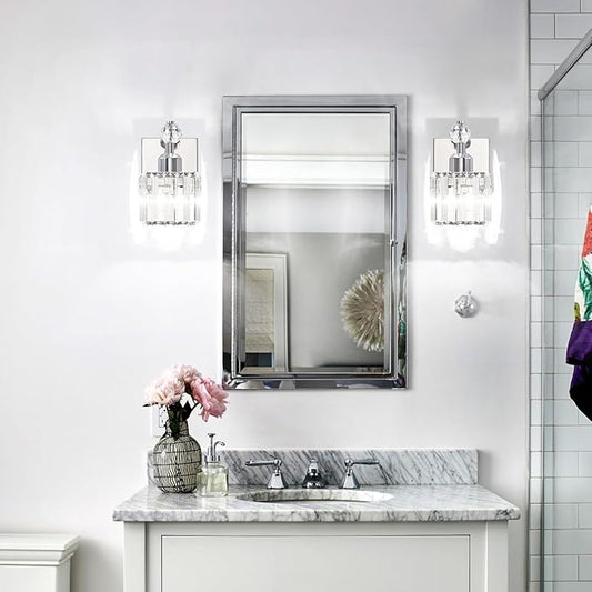 PRESDE 1-Light Bathroom Vanity Light, Modern Chrome Wall Sconce with Crystal Shade, Single Wall Lamp for Over Mirror Bedroom Hallway