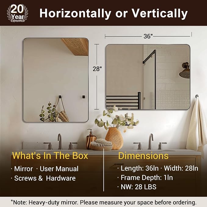 Brushed Nickel Mirrors for Bathroom Sink, 28x36 Inch Bathroom Vanity Mirror with Rectangular Metal Frame-Modern Clean Design with Superior Stainless Steel Frame