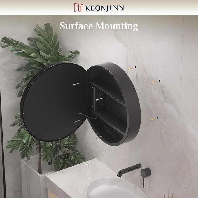 Keonjinn Round LED Medicine Cabinet 24 Inch, Black Lighted Medicine Cabinet for Bathroom with Mirror, Circle, Electrical Outlet, 3 Color Lights, Anti-Fog, Dimmable, Surface Mount Only