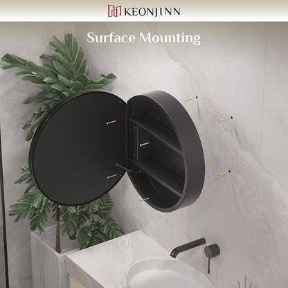Keonjinn Round LED Medicine Cabinet 24 Inch, Black Lighted Medicine Cabinet for Bathroom with Mirror, Circle, Electrical Outlet, 3 Color Lights, Anti-Fog, Dimmable, Surface Mount Only
