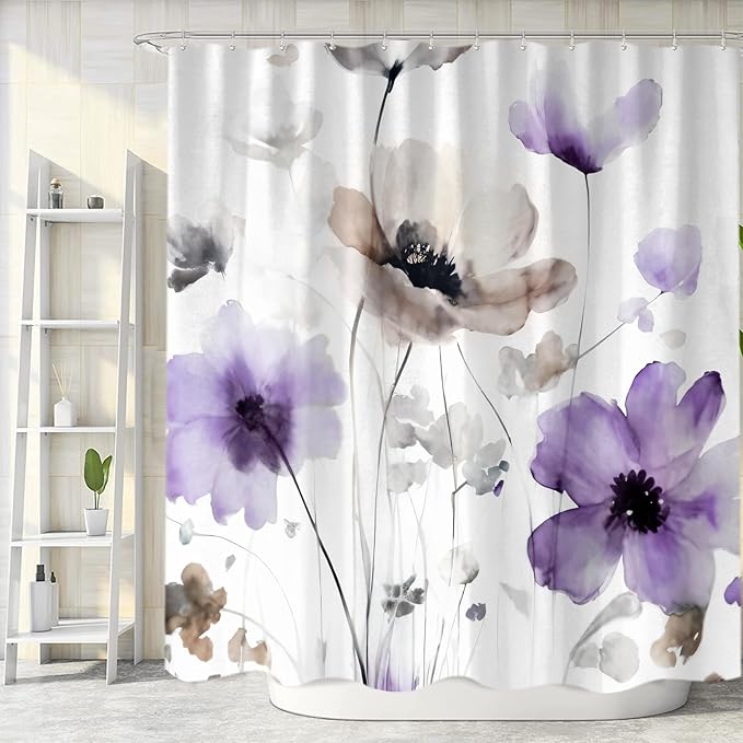 Sanzugh Boho Floral Shower Curtain, Cream Tan Beige Purple Grey White Flower Farmhouse Fabric Shower Curtains Set for Bathroom Decorative with Hooks 72 X 72 inch Spring Bath Decor