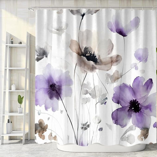 Sanzugh Boho Floral Shower Curtain, Cream Tan Beige Purple Grey White Flower Farmhouse Fabric Shower Curtains Set for Bathroom Decorative with Hooks 72 X 72 inch Spring Bath Decor