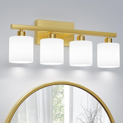 PARTPHONER Bathroom Light Fixtures, Bathroom Lighting Fixtures Over Mirror, Interior Classic Vanity Lights, Modern Vanity Light with Textured White Glass Shade, Brushed Gold, 4-Light