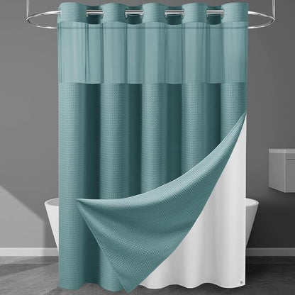 EUTXL Heavyweight Waffle No Hook Shower Curtain with Liner, Teal, 71x74 | Snap in Liner, 256GSM, Thick, Hotel Luxury Spa, Waterproof Fabric, Corner Magnets, 3 in 1 Set, Washable, Hang in Seconds