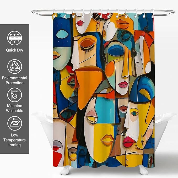 Colorful Modern Abstract Face Art Geometric Shower Curtain Set 72x72 Inches | Colorful Modern Abstract Face Geometric Art Print, Artistic Home Guest Housewarming Art Lover Bathroom Decor, With Hooks