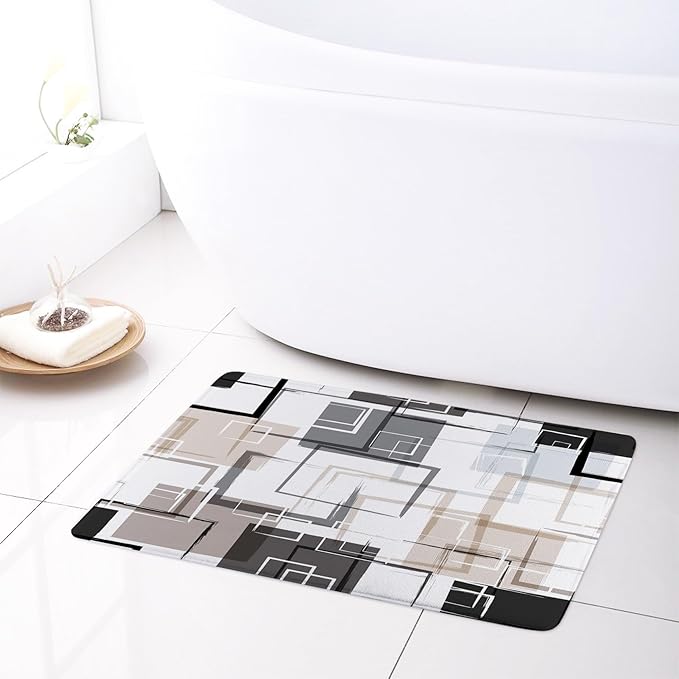 Tan Abstract Geometric Shower Curtain Sets with Rugs, Grey Black and White Geometric Textured Bathroom Curtain 70L X 70W Inches Polyester Fabric Bathroom Decoration Shower Curtain Set