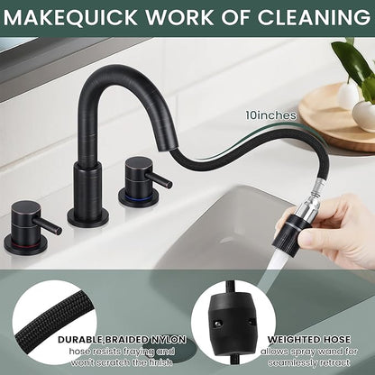 Pull Down Bathroom Faucet for Sink 3 Hole,8 inch Widespread Oil Rubbed Bronze Bathroom Sink Faucet with Pop Up Drain, Water Supply Hoses